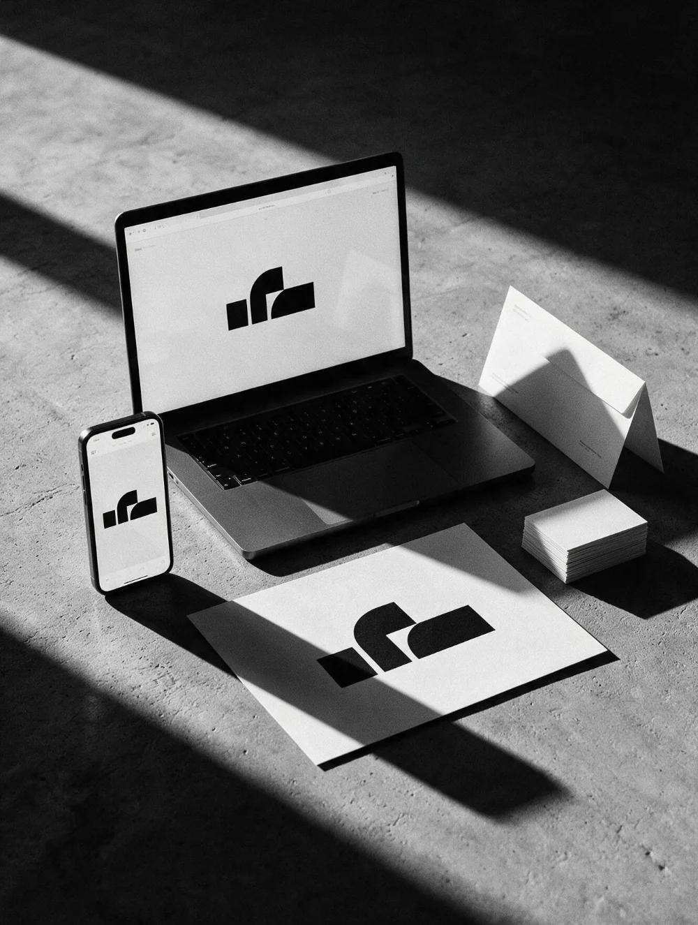 Computadora, teléfono y papelería mostrando la misma marca