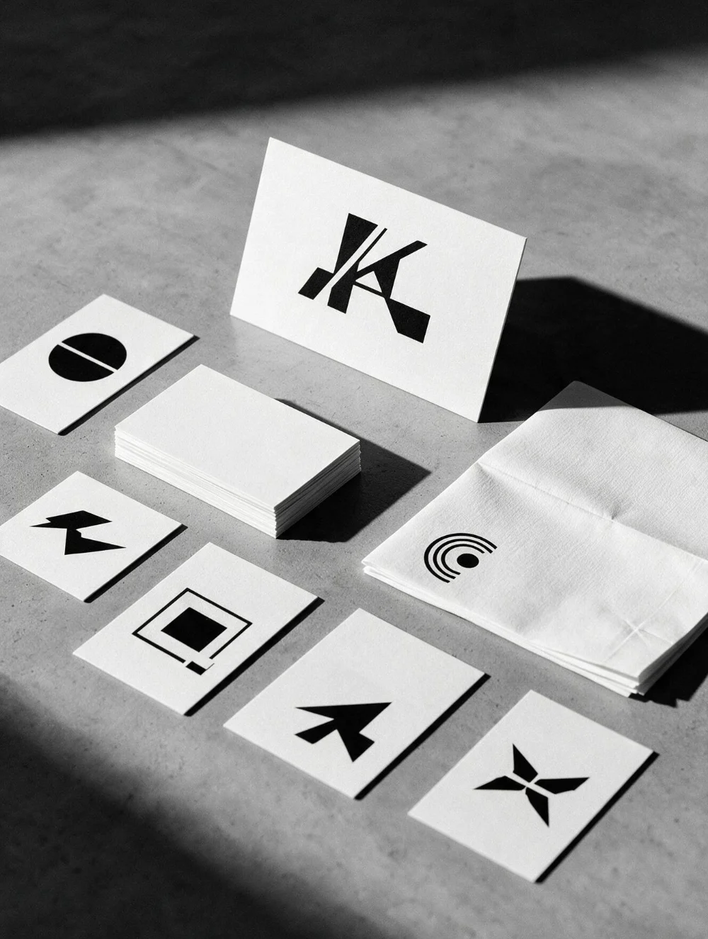 Tarjetas impresas con distintas propuestas de logo sobre concreto